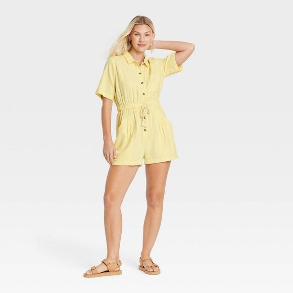 Universal Thread Pants - Universal Thread Women's Romper Short Sleeve Boilersuit Light Yellow XXL